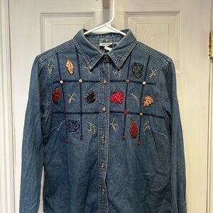 Embroidered Denim Shirt with Leaf Accents, 100% Cotton